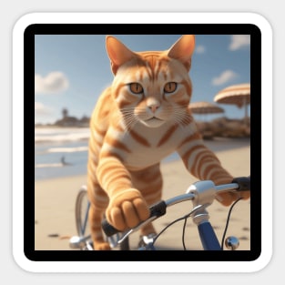 Ginger Cat Riding A Bicycle Along The Beach Sticker